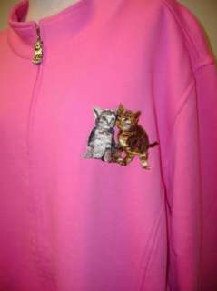 Quacker Factory Cat Embroidered Zip Front Knit Jacket L Pink NWOT 