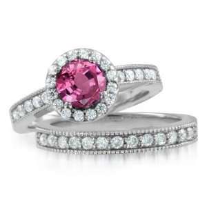 Milgrain Natural Pink Sapphire Diamond Engagement Wedding Ring Bridal 