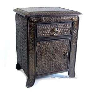 Wood Rattan Nightstand, Bedside Cabinet End Side Table  