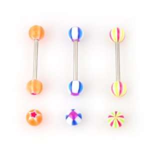  Set of 3 Tongue Barbells with Acrylic screw on balls 