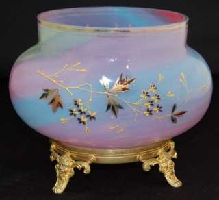 Antique RAINBOW SWIRL ENAMEL Victorian Glass Oval Jardiniere Vase 