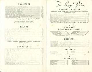 CARD UNFOLDS INTO A MENU FOR THE ROYAL PALM RESTAURANT