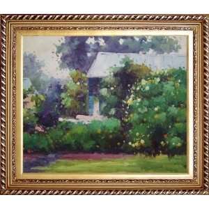 with Quiet Backyard Garden Oil Painting, with Exquisite Dark Gold Wood 