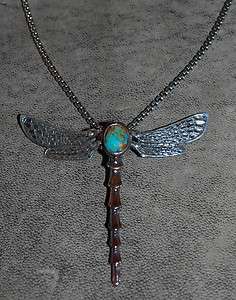 Articulated Turquoise Dragonfly Pendant in Sterling & Shibuichi 