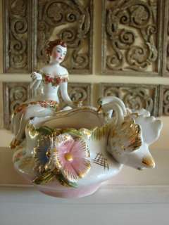   Italian Porcelain Woman/Girl Feeding Swans Bowl/Dish/Vase Italy  