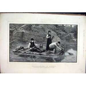  1881 Trout Fishing Norway River Boat Nets Old Print