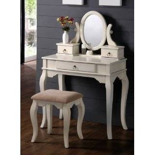 Vanity Set w/ Curved Leg Design Stool and Table in White Finish