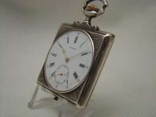 OLD AND RARE SQUARE LONGINES SILVER SWISS POCKET WATCH ENGRAVED CASE 