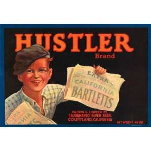  HUSTLER BRAND CALIFORNIA BARTLETTS NEWSPAPER FRUIT CRATE 