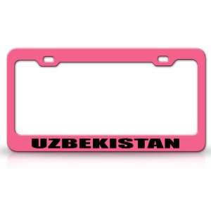 UZBEKISTAN Country Steel Auto License Plate Frame Tag Holder, Pink 