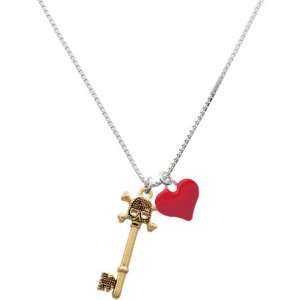  Antiqued Gold Beaded Skull Key and Red Heart Charm 