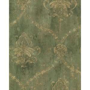  Large Gold Damask on Green Faux Background Wallpaper