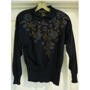   Black Escada Sweater with Floral Embroidery and Beads 