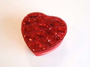 Vintage Red Sequin Topped Heart Shaped Trinket Box MIP  