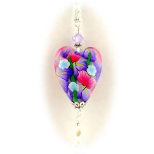   Purple Flowers Heart Pendant Sterling Silver Singapore Chain Necklace