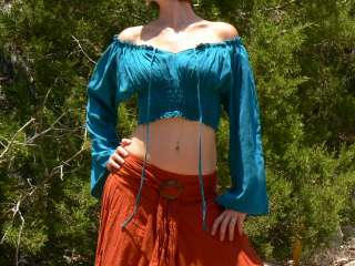 Gypsy Cotton Belly Shirt Peasant Blouse Blue M   L +  