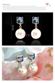 18K Gold Plated Blue Pearl Earring Use Swarovski Crystal EP0021 Free 