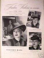 1944 WWII Stetson Womens HatsBetty HuttonFashion AD  