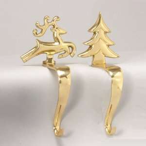 Set of 2 Brass Reindeer and Tree Christmas Stocking Holders  
