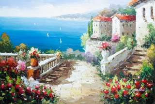   Blue Sea Coast Town Terrace Flowers 24X36 Oil Painting Art  