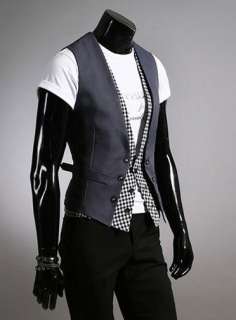 2011 NEW Mens Classical Temperament Grid Leave two Slim Fit Vest Gray 