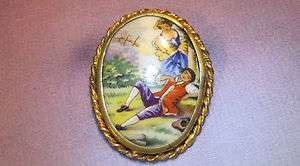 Antique Hand Painted Limoges Pin Brooch Gold Tone Frame Courting 