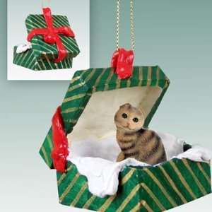    Brown Scottish Fold Green Gift Box Cat Ornament