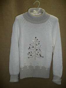 Talbots Deep Ivory cotton blend turtleneck Sweater w Christmas Tree 