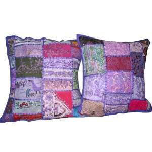 com 2 Cushion Cover Purple Floral Embroidered Sari Patchwork Pillows 