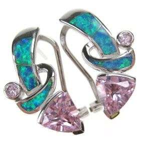 Created PINK CZ 925 Sterling Silver BLUE Opal Earring  