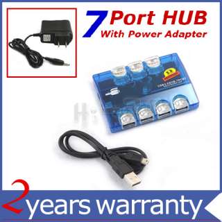 High Speed USB 2.0 7 Port HUB Powered + AC Adapter Blue  