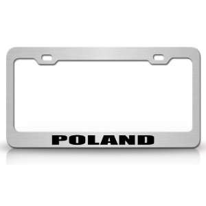 POLAND Country Steel Auto License Plate Frame Tag Holder, Chrome/Black