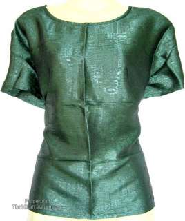 Green Textured Thai Silk Cap Sleeve Womens XL Shirt  