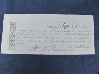 1857 Certificate Portland Maine To Open Privy Vault  
