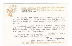 QSL South African Broadcasting Corporation Radio RSA DX  
