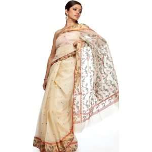  Ivory Chanderi Sari with Woven Flowers and Golden Border 