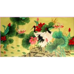  ORIENTAL CHINESE SILK PAINTING CRANES & WATERLILY 27X54 