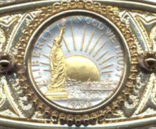 Gold/Silver Coin Belt Buckle, Statue of Liberty Half Dollar 1986 