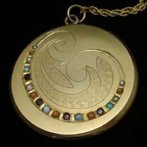 Vintage Locket Multi Colored Stones Hand Engraved WOOD w/ Chain 