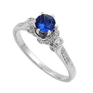 Sterling Silver Ring   Clear CZ and Blue Sapphire   Round   Prong Set 