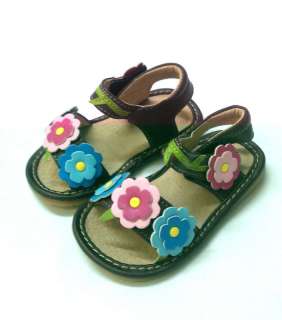 Leather Girls Squeaky Sandal Shoes w Flowers BRN/Pk/Bl  