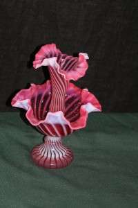 2pc Epergne Cranberry Glass Spiral Optic Opalescent Horn Signed WC 