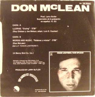 Don McLean Lloras Promo Spain 45 W/PS Sung In Spanish  