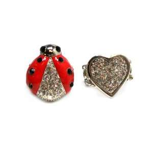   Cocktail Stretch Ring Set of Ladybug and Crystal Heart Jewelry