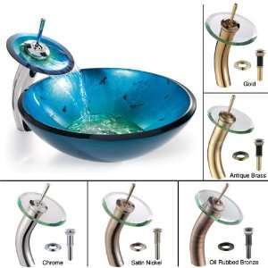   12mm 10G Irruption Blue Glass Vessel Sink and Waterfall Faucet, Gold