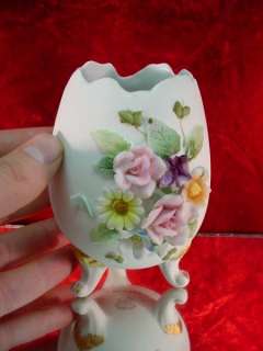   CHINA EGG VASE Tripod FLORAL BUD Hand Painted BISQUE PORCELAIN  