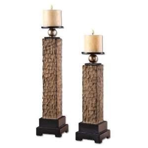  UT19120   Chiseled Driftwood Finish Candleholders   Set of 