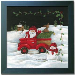 Santa Claus Snowman Christmas Tree Gift Print Framed  