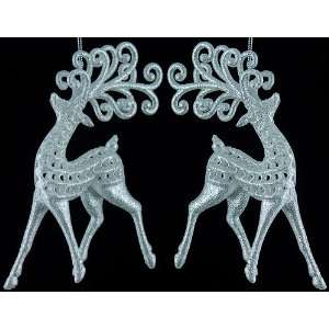   Set of 2 Silver Glitter Reindeer Christmas Ornaments