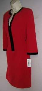 CHETTA B Red Black Shift V neck Lined 3/4 Sleeves Cocktail Dress 12 